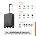 Black small cabin suitcase side view, 8 spinner wheels, telescopic handle, ridged shell