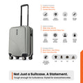 Silver grey small cabin suitcase side view, 8 spinner wheels, telescopic handle