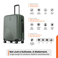 Dark green ridged check-in suitcase with top handle and 8 spinner wheels