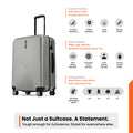 Silver ridged check-in suitcase with top handle and 8 spinner wheels