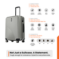 Light gray hard-shell check-in suitcase with side handle and four spinner wheels