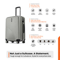 Hard-shell carry-on suitcase in silver, front view with spinner wheels and top handle