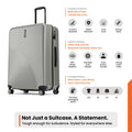 Hard-shell carry-on suitcase in silver, front view with spinner wheels and handle