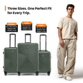 Dark green small cabin suitcase front view, 8 spinner wheels, telescopic handle