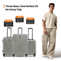 Silver cabin suitcase set showing three sizes with black handles and spinner wheels