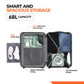 Charcoal grey suitcase interior with zip compartments, water-resistant lining, straps