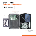 Hard-shell suitcase interior with packing compartments, compression straps, and water-resistant lining.