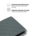 Dark green leather bifold wallet with embossed R monogram pattern, front corner view