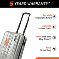 Small cabin suitcase, silver, close view of side panel with upright handle