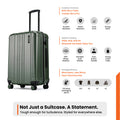 Small cabin suitcase, dark green, upright handle and eight wheels, full view