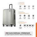 Silver large check-in suitcase with vertical handle and ridged hard shell