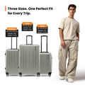 Small cabin suitcase set in silver with telescopic handles and wheels, multiple sizes