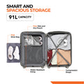 Open small cabin suitcase interior with wet/dry pouch, shoe bag, and compression straps.