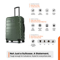 Green hard-shell check-in suitcase with telescopic handle and four wheels