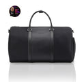 Black duffle bag with top handles, zip closure, and side shoulder strap.
