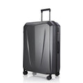 Dark grey hard-shell polycarbonate trolley suitcase, side view with zipper and wheels