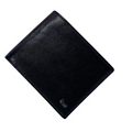 Black leather bi-fold wallet closed at an angle, Rare logo visible