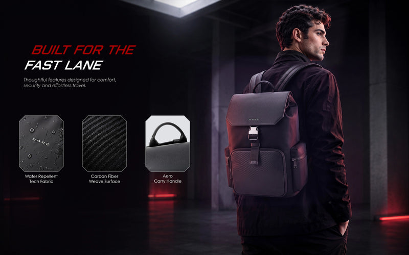 Feature infographic for Rare Rabbit Gallardo27 Backpack: water-repellent tech fabric, carbon fiber weave, and aero carry handle in red-lit setting