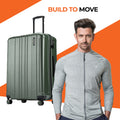Large check-in suitcase, ribbed hard shell, dark green, with 8 spinner wheels