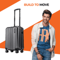 Dark grey upright cabin suitcase with telescopic handle and four wheels, front-left angle