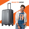 Charcoal grey upright suitcase with telescopic handle and four wheels