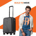 Charcoal gray small cabin suitcase with upright handle and four spinner wheels