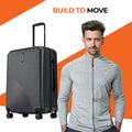 Hard body luggage set of 2 charcoal grey suitcases, side view, 8 wheels each, handle