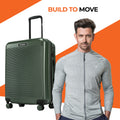 Dark green hard-shell 8-wheel suitcase with top handle and textured shell
