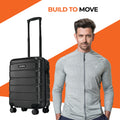 Small cabin suitcase in dark black with telescopic handle and 8 spinner wheels