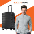 Hard-shell 8-wheel luggage in black with upright handle and four spinner wheels