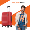 Red hard-shell luggage, side view with telescopic handle and 8 wheels.