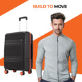 Medium check-in suitcase, black shell with red trim and 8 spinner wheels.