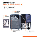 Dark blue small cabin suitcase interior view with water-resistant lining and compression straps