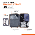Open suitcase interior with zip compartments, shoe bag pocket and compression straps