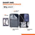 Open blue medium check-in suitcase with packing compartments and compression straps