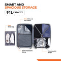 Dark blue small cabin suitcase with open compartments, wet/dry pouch, compression straps