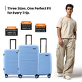 Hard-shell suitcases in light blue with telescopic handles, including a cabin-size case