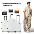 White cabin-size suitcases set with telescopic handles and wheels