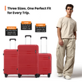 Three-piece hard-shell luggage set with red and white suitcases and telescopic handles.