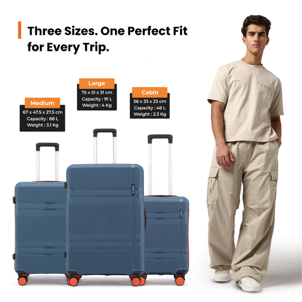 HRX by Hrithik Roshan Hard Body Set of 3 Luggage 8 Wheels - Helium