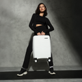 Small cabin suitcase, white, hard shell with 8 spinner wheels and telescopic handle