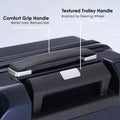 Hard-shell trolley luggage top handle with textured grip and recessed carry area.