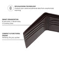 Dark leather bi-fold wallet opened to card slots and bill compartments