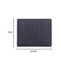 Black leather bi-fold wallet with repeated R embossed monogram and stitched border