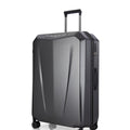 Hard-shell trolley suitcase with telescoping handle, four spinner wheels, dark grey side view
