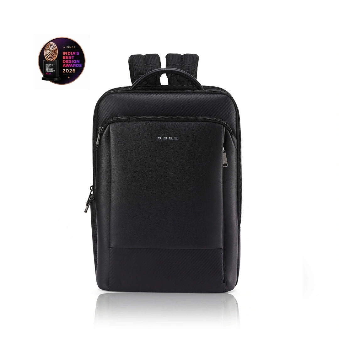 Front-facing black nylon backpack with top handle and front zip pocket.