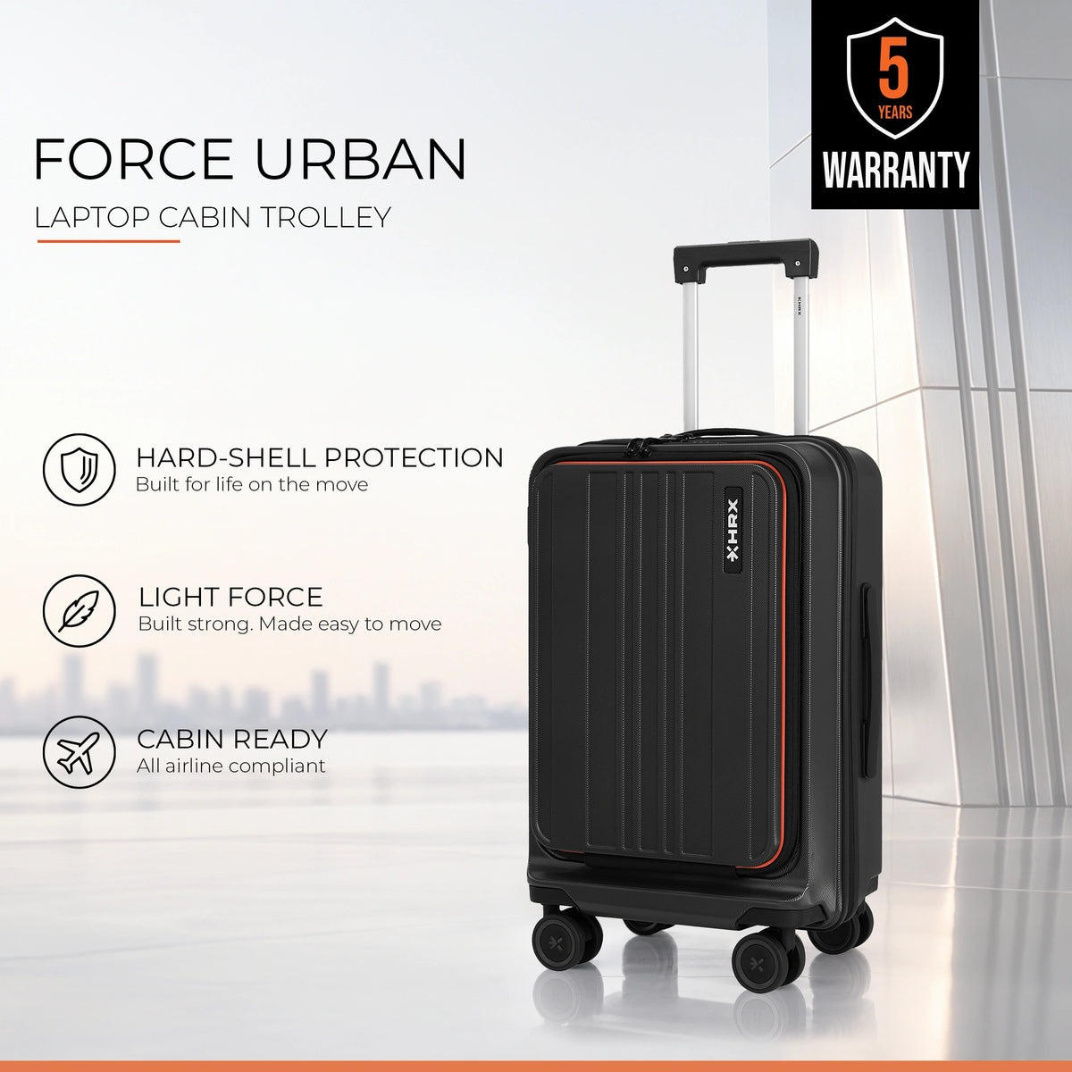Black hard-shell laptop cabin trolley with front pocket and telescopic handle