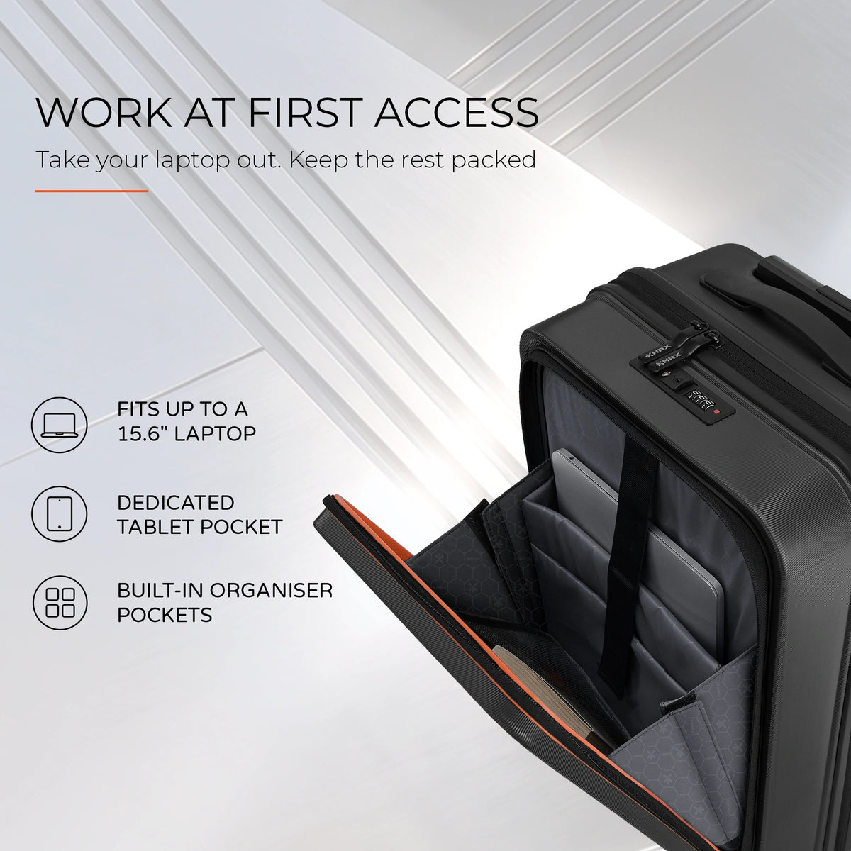 Black trolley suitcase open to show padded laptop compartment and organizer pockets