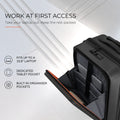 Black trolley suitcase open to show padded laptop compartment and organizer pockets