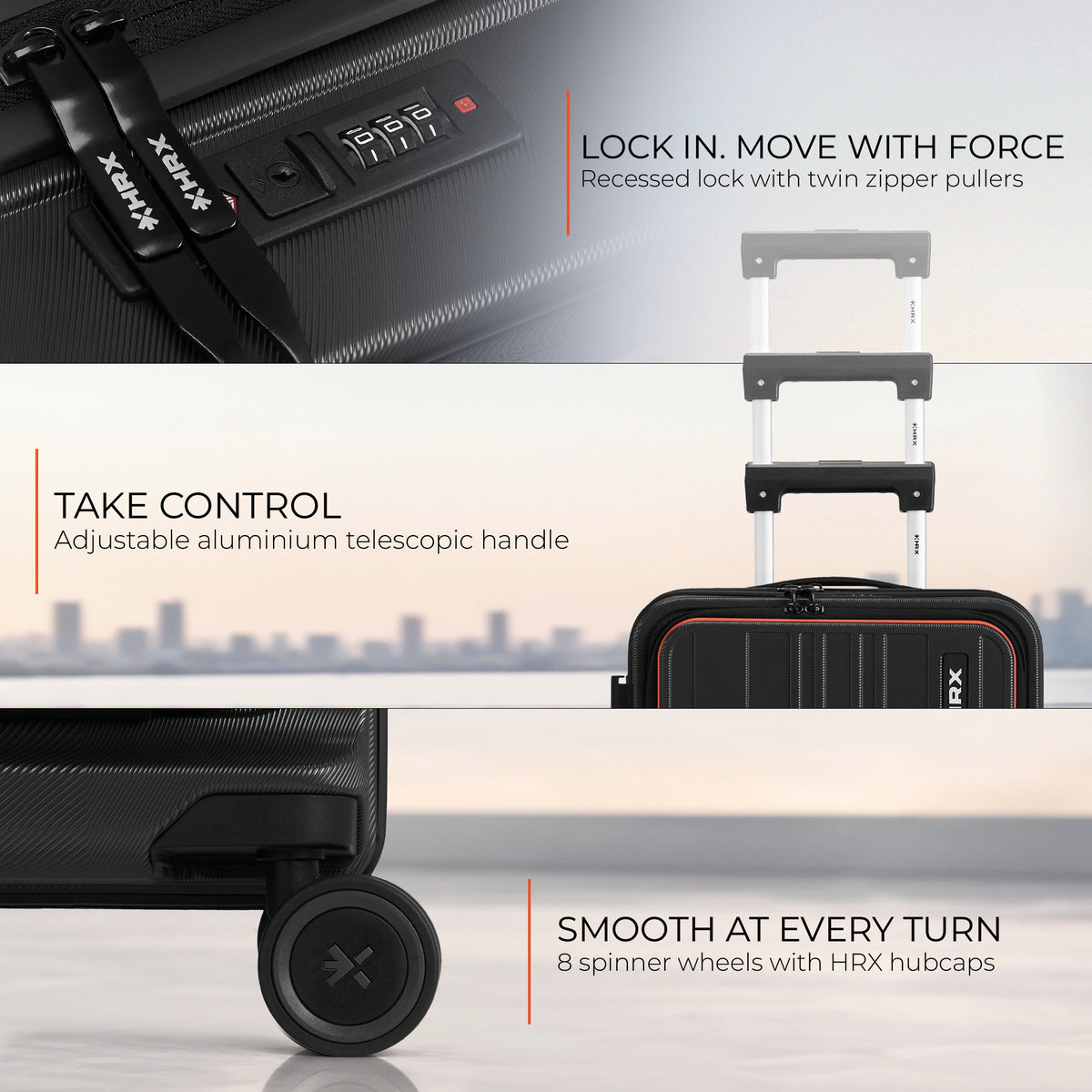 Black trolley suitcase detail with top zipper, telescopic handle, and front wheel